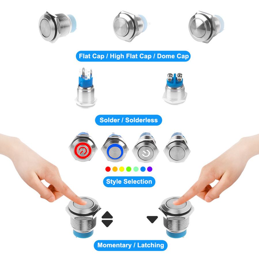 Waterproof OEM 12-30MM LED Self-Locking Latching Momentary Metal High Head Cap Flat Screw on OFF Push Button Switch With Light