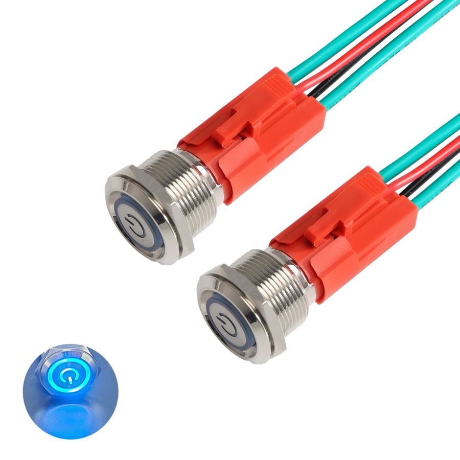 19mm Waterproof Copper Stainless Steel Screw Terminal Metal Power Push Start Button Switch with Cable LED Light for RV Marine