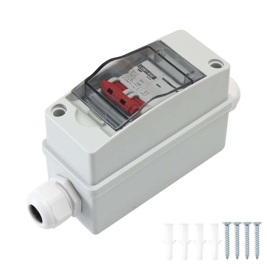 2P 32A DC 500V Miniature Circuit Breaker IP65 Waterproof Solar PV Isolator Switch Box Cable Optional for Home PV System RV Boat